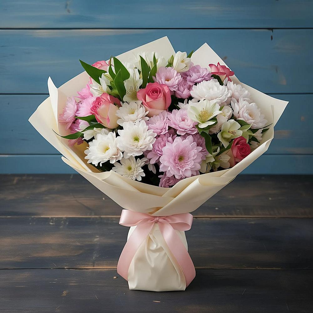 Букет цветов из: Хризантемы, Альстромерии и Розы в Радовицкий